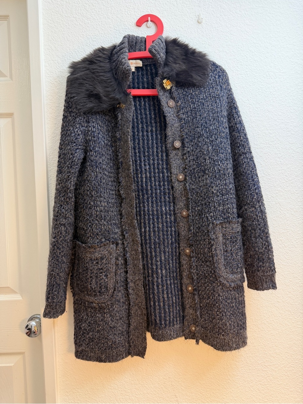 Tory Burch Charcoal Knit Pea Coat with Faux-Fur Collar